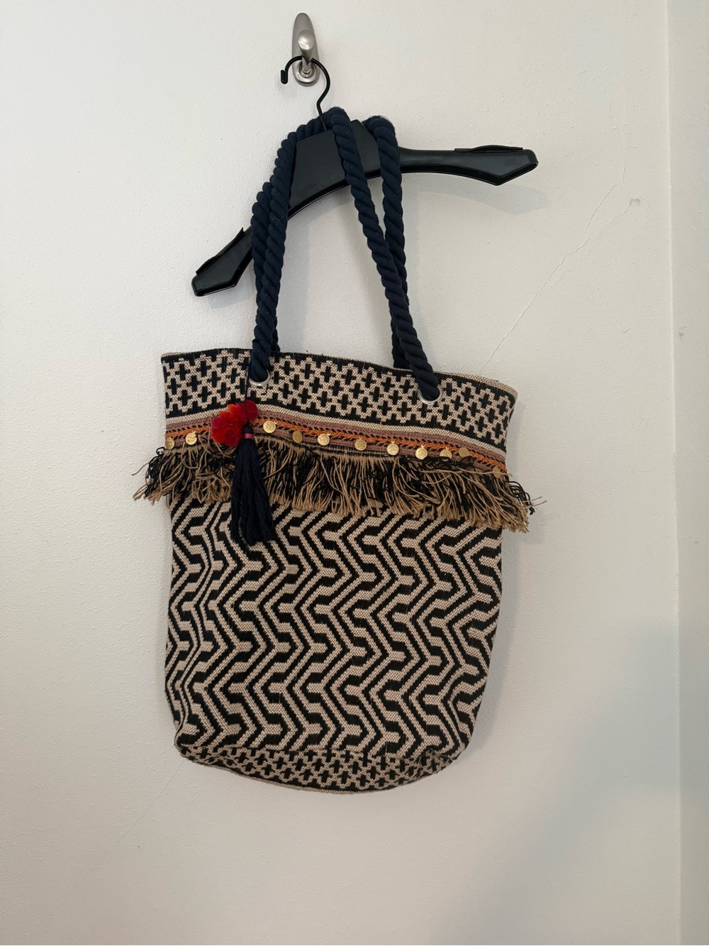 Boho Fringe Tote Bag - Navy and Beige